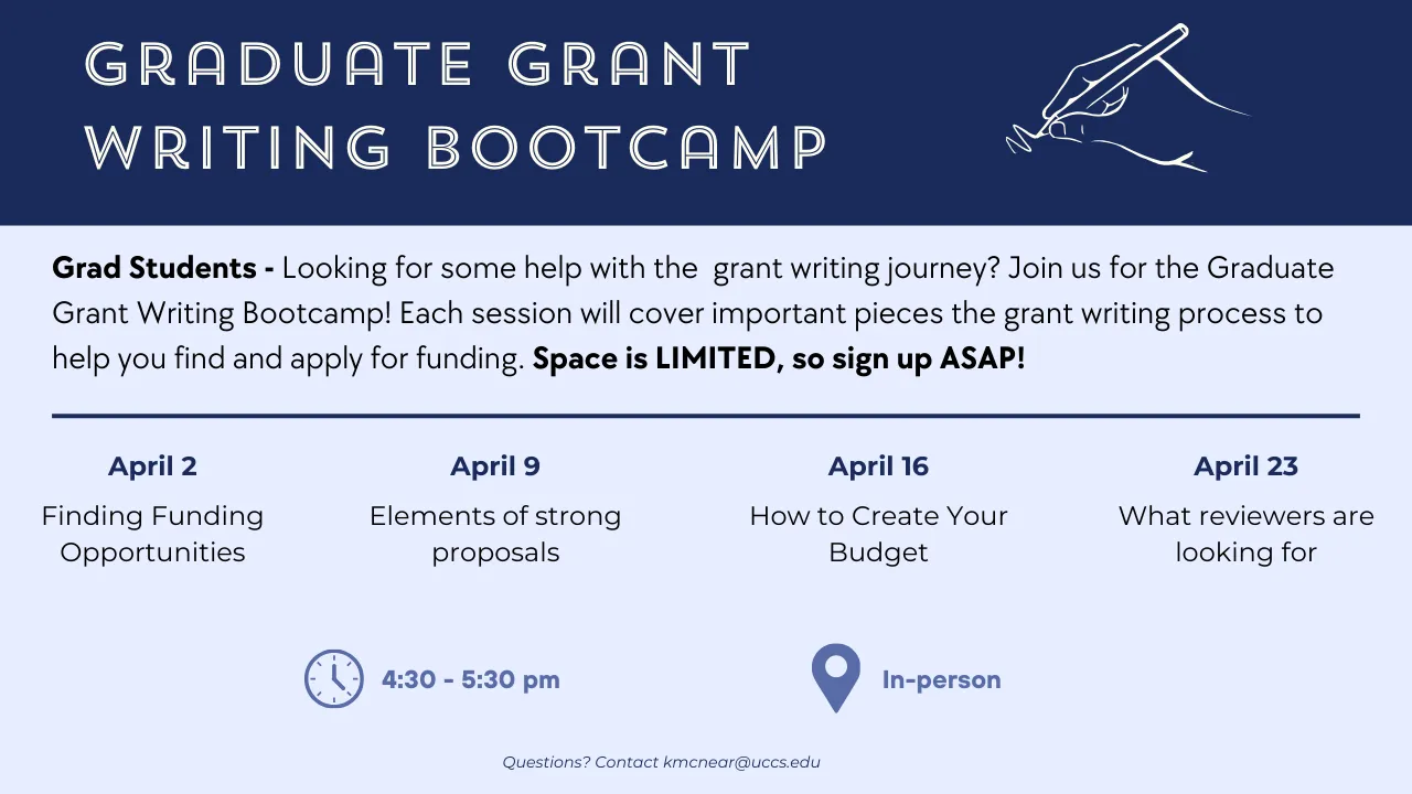 Graduate Student Grant Writing Bootcamp image. Image reiterates website information in image format
