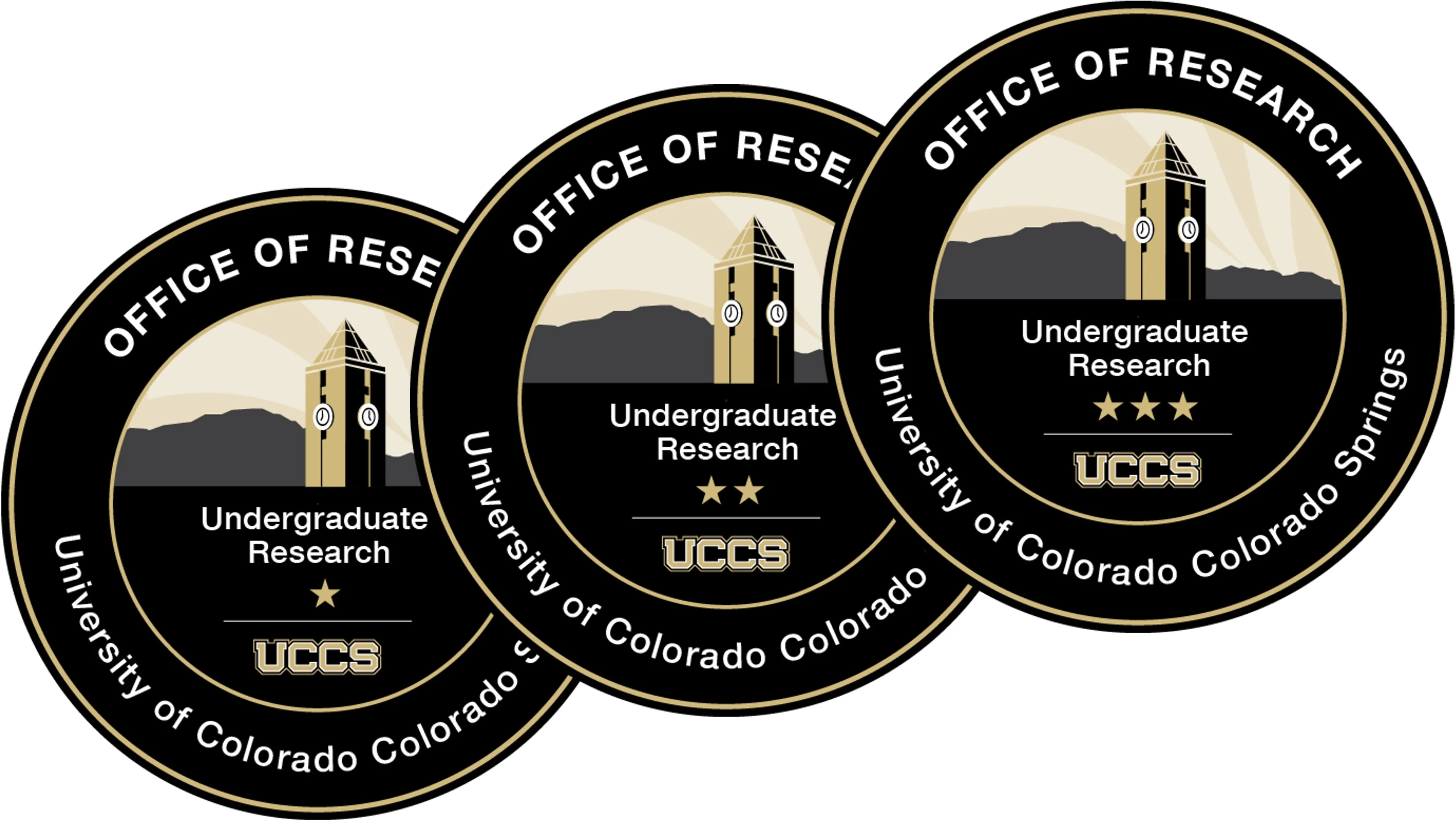 Image of three circular badges, stacking in order of levels 1, 2, and 3 to represent the stacking badge availability